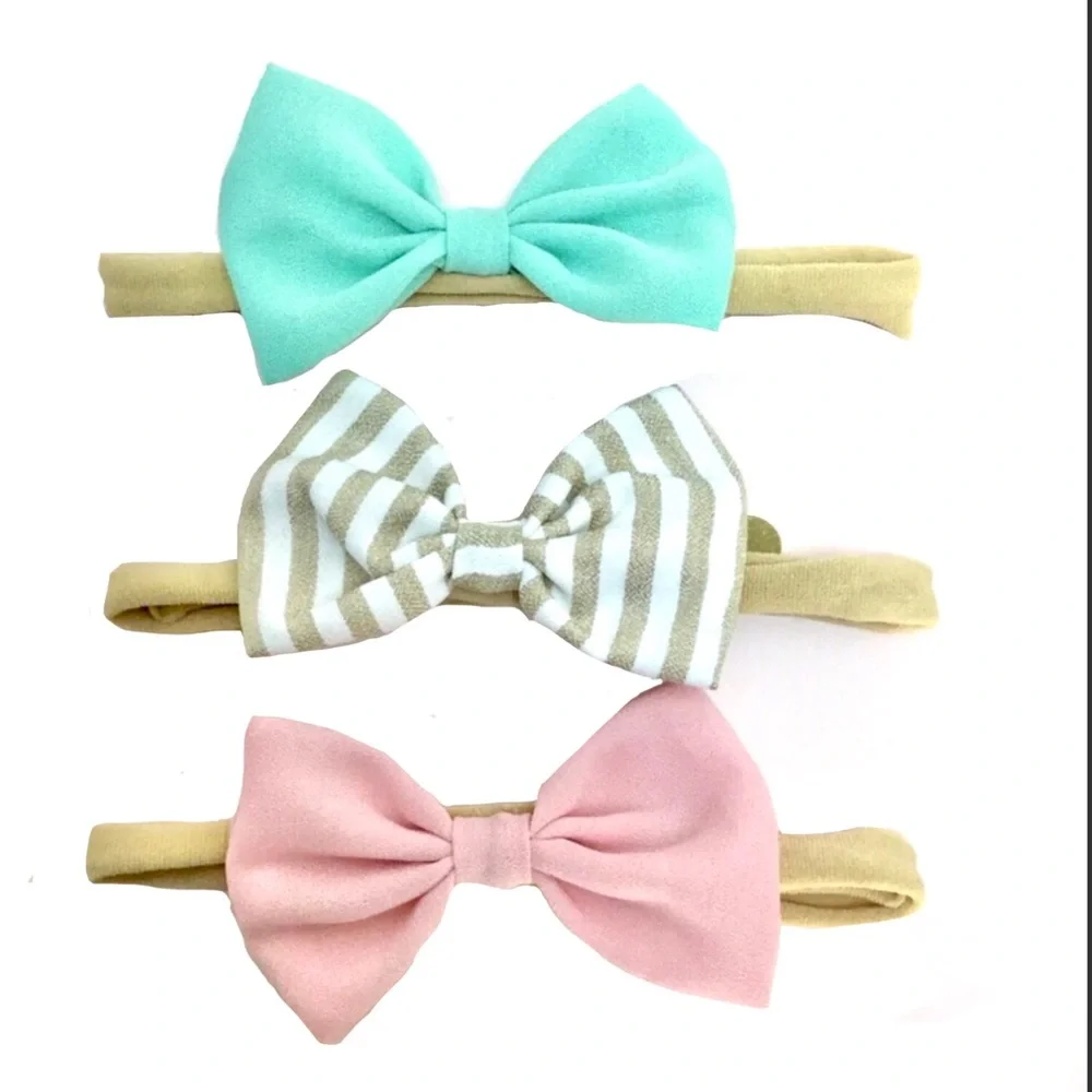 Girl's Aqua Blue, Striped & Pink Stretchy Bow Headbands Variety Three Pack Set